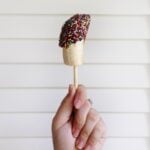 A hand holds a piece of Chocolate Dipped Frozen Banana on a stick, covered with colorful sprinkles, in front of a white paneled background.