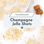 Overhead view of homemade Champagne Jello Shots topped with gold star sprinkles, arranged on a white plate, with a champagne cork nearby. Celebrate in style with these festive treats!.