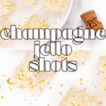 Champagne Jello Shots topped with gold star-shaped sprinkles are arranged on a white plate, with a cork nearby.