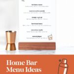 A cocktail menu on a stand with a jigger, above “Home Bar Menu Ideas—Perfect for Parties” text, inspires creativity in crafting a home cocktail menu that will impress your guests.