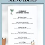 A summer cocktail menu featuring five refreshing drink options is elegantly displayed on a white card nestled in a wooden holder, perfect for crafting a home cocktail menu with style and simplicity.