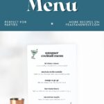 A home bar menu sign with cocktail names, a jigger, and a white background, styled for party inspiration—perfect for crafting a home cocktail menu that impresses your guests.