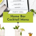 Party menu with cocktails on clipboard, fresh mojitos, a lime, mint leaves, and gold bar tools on white table—perfect inspiration for crafting a home cocktail menu.