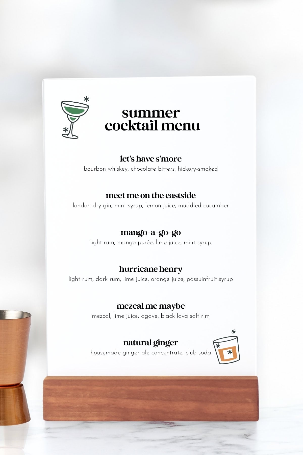 A summer cocktail menu, perfect for crafting a home cocktail menu, featuring six enticing drink names and fresh ingredients, displayed on a stand next to a copper cup.