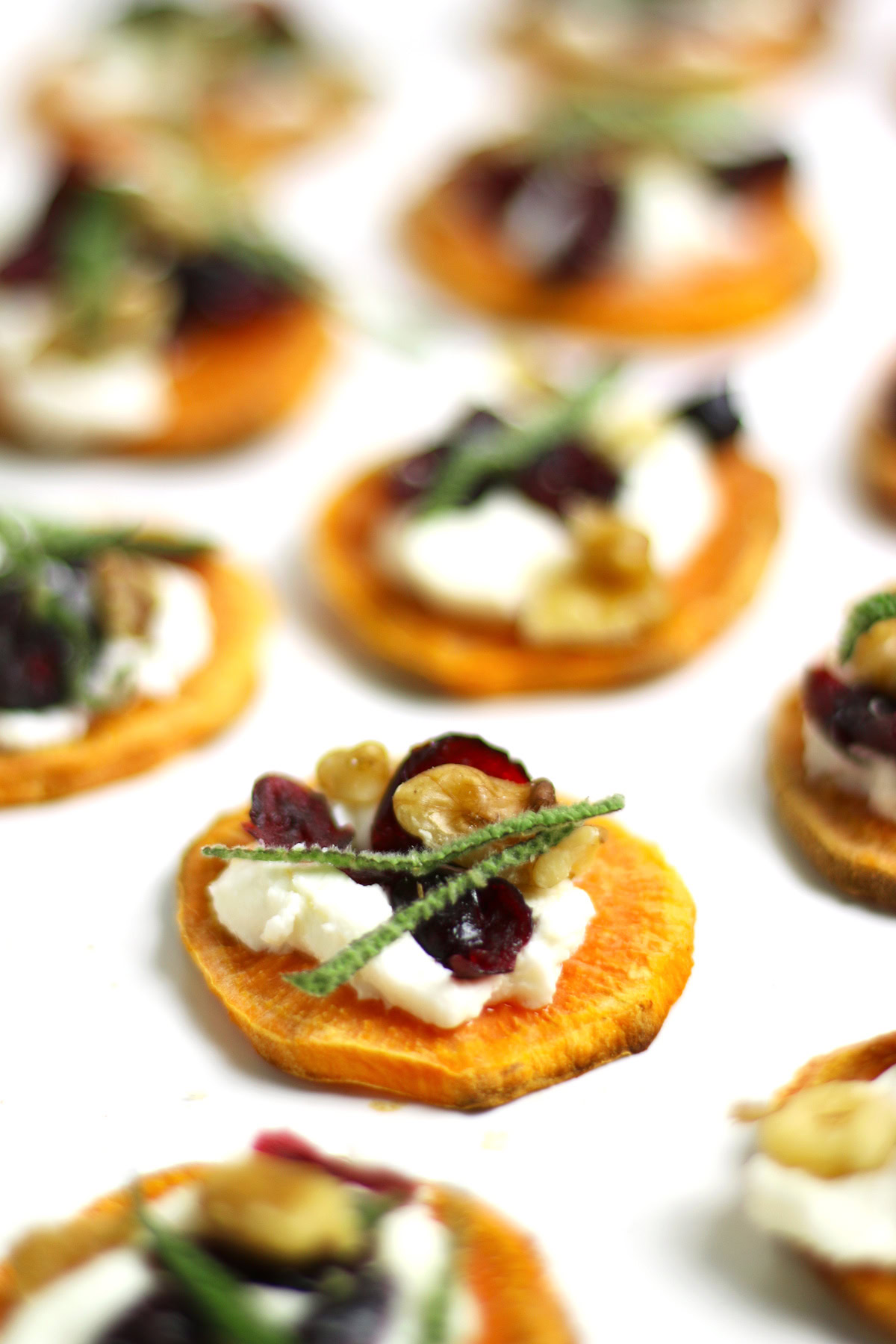 Holiday Sweet Potato Toast Bites feature sweet potato rounds topped with creamy goat cheese, cranberries, walnuts, and fresh herbs on a white surface.