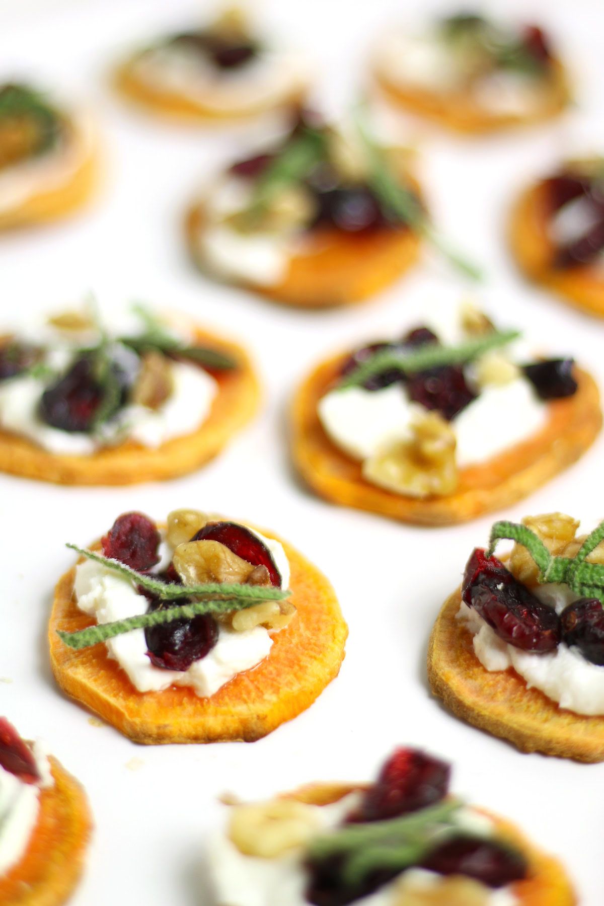 Holiday Sweet Potato Toast Bites: Sweet potato rounds topped with cream, cranberries, nuts, and herbs, beautifully arranged on a white surface.