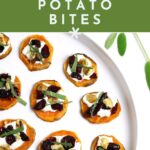 Holiday Sweet Potato Toast Bites—sweet potato bites topped with cream, cranberries, nuts, and herbs—are beautifully arranged on a white plate against a white background.