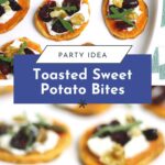 Holiday Sweet Potato Toast Bites feature sweet potato slices topped with cream, cranberries, walnuts, and herbs on a white plate, making them a festive party appetizer.