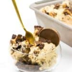 Peanut Butter Brownie Ice Cream is the stuff dreams are made of — if you love peanut butter and chocolate together. Lucious, creamy peanut butter ice cream is studded with fudgy brownie chunks and peanut butter cup pieces. (via feastandwest.com)