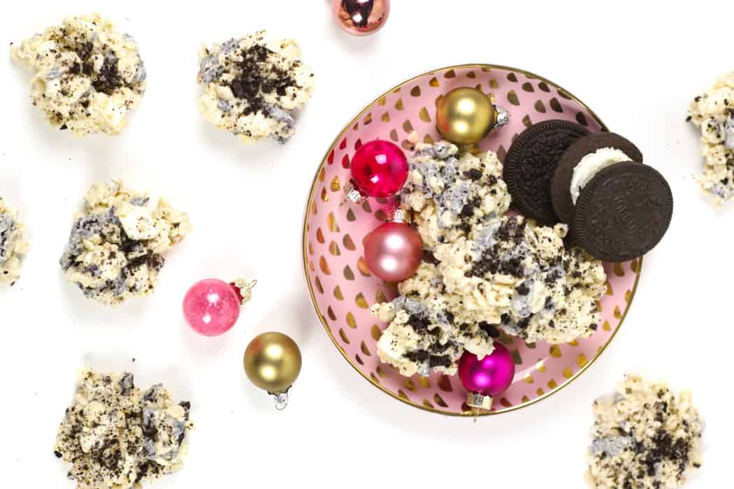 No-bake cookies and cream avalanche cookies with white chocolate and crushed cookies.