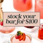 Two pink cocktails garnished with fruit slices are shown. Text overlay reads "stock your bar for $100," inviting you to create delicious drinks at home. Various bar tools and fresh fruit complete the scene.