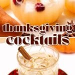 Two festive Thanksgiving cocktails: one with ice, cranberries, and rosemary garnish in round glasses, and a creamy drink with cinnamon sticks in a gold-patterned glass on a red plate.