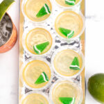 a copper mug and limes around a tray of jello shots