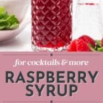 A glass bottle and small glass filled with raspberry simple syrup, surrounded by fresh raspberries and mint leaves; text reads "For cocktails & more – Raspberry Syrup.