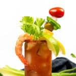 Bloody Mary salt on the rim of a garnished Spicy Bloody Mary
