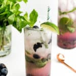 Mint sprigs and a lime wedge garnish a berry mojito. A bunch of mint and bowl of blueberries sit off to one side.