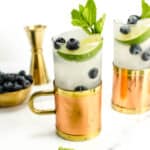 Two Blueberry Mules alongside fresh mint and blueberries.