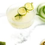 A Gin Gimlet in a glass with lime garnishes.
