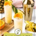 Two tall glasses of Painkiller drink, garnished with orange slices and pineapple, sit beside pineapple wedges and a gold cocktail shaker on a white surface.