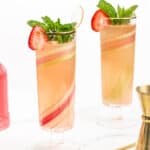 Two tall glasses of iced tea garnished with fresh strawberries, rhubarb, and mint leaves, accompanied by a gold spoon and a cocktail shaker on a white surface.