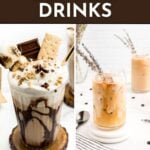 Two Starbucks drink recipes: a chocolate and marshmallow milkshake with graham crackers on the left, and an iced latte topped with lavender sprigs on the right. Text reads "Starbucks Copycat Drinks.