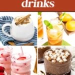 Collage of four homemade Starbucks drink recipes, including a latte with cinnamon, iced tea with mint, pink drink with strawberries, and a chocolate drink with marshmallows. Text overlays read “24 Homemade Copycat Starbucks Drinks” and “Pin It.”.