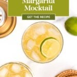 Two virgin margarita mocktails with ice and lime slices on a white surface; text overlay reads "Margarita Mocktail.