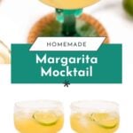 Two green-stem glasses of virgin margarita mocktail with lime slices and salt rims rest on woven coasters.