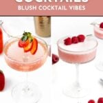 Two pink cocktails in glass cups, garnished with fresh berries, with text promoting delicious pink cocktails and blush cocktail recipes.