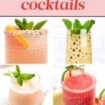 Four glasses of pink cocktails, each garnished with mint leaves or citrus, are arranged on a light background.