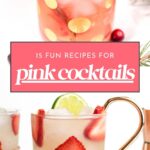 Two vibrant pink cocktails with fruit and ice, garnished with cranberries, strawberries, rosemary, and lime.