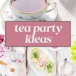 A floral teacup with tea, a teapot, finger sandwiches, macarons, and fruit on a white table—perfect inspiration for learning how to host a tea party with elegance and charm.