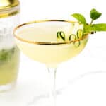 A cocktail in a stemmed glass garnished with cucumber spirals and fresh mint, set against a white backdrop with a cocktail shaker in the background.