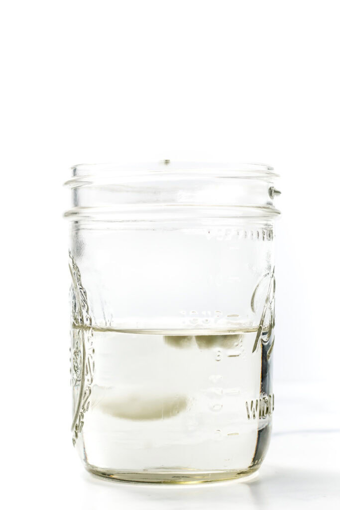 A clear glass mason jar half-filled with moldy simple syrup sits against a white background.