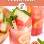 A tall glass of refreshing watermelon lemonade with ice, garnished with a watermelon slice, lemon slice, and mint, sits beside another glass. Text reads "Watermelon Lemonade.