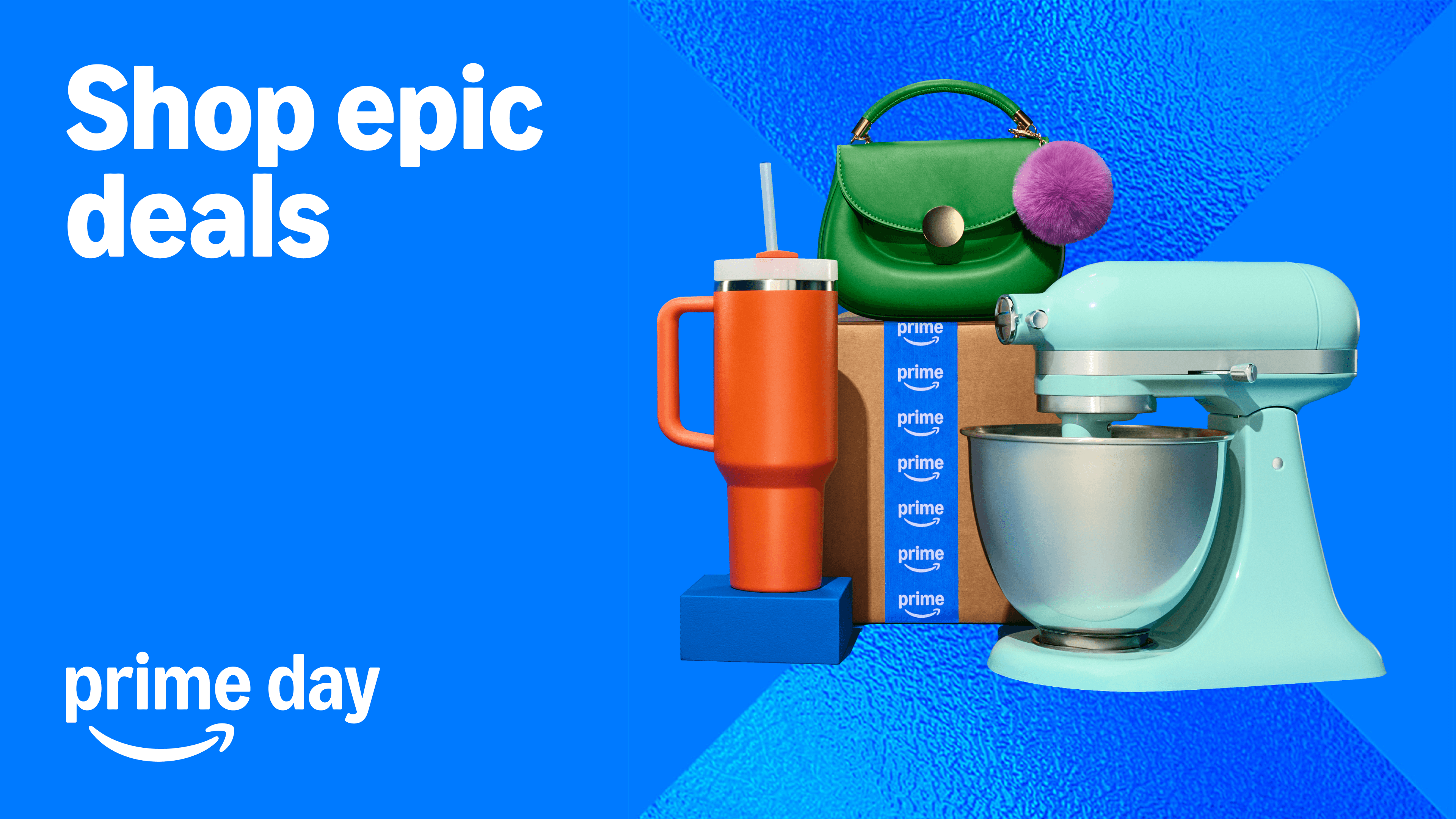 A stand mixer, orange tumbler, green purse, and stacked Prime boxes are displayed next to text that reads &ldquo;Shop epic Prime Day deals for your home bar&rdquo; on a blue background.
