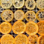 Rows of thinly sliced citrus fruits, including lemons and oranges, arranged and drying on a metal rack.