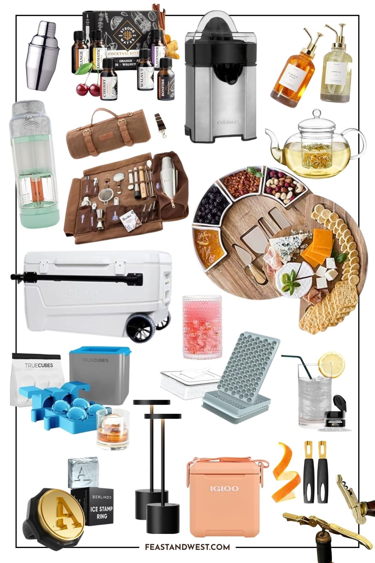 A collage of cocktail-making tools, drinkware, a cheese board, cooler, ice makers, beverage dispensers, and bar accessories&mdash;perfect for scoring prime day deals to elevate your home bar&mdash;all arranged on a white background.