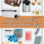 A collage of home bar tools and accessories, including drinkware, cocktail sets, an ice maker, decanters, ice molds, and a wood tray, highlights Prime Day deals for your home bar.