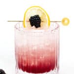 A clear glass filled with a pink and dark red gradient cocktail, garnished with a lemon slice and blackberry on a skewer. There's a small bowl of blackberries next to the glass.