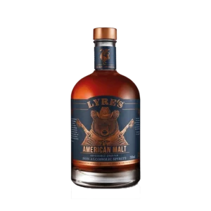 A bottle of Lyre's American Malt non-alcoholic spirits with a blue and copper label featuring an illustrated bear in a hat. Perfect for those who want the classic American Malt taste without the alcohol.