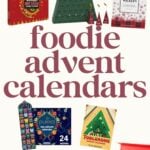 A collage of various Food Advent Calendars, including tea, chocolate, and snacks, with the text "foodie advent calendars" in the center.