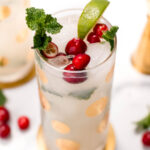 A clear cocktail garnished with cranberries, mint, and a lime wedge is served in a glass with gold polka dots.