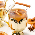 Gold mug of spiced apple cider garnished with a cinnamon stick and dried orange slice, surrounded by star anise and dried citrus on a white surface.