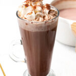 A glass mug of spiked hot chocolate, topped with whipped cream and a sprinkle of cocoa powder.