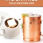 Split image: hot chocolate with marshmallows in a mug, and an icy drink in a copper mug, highlighting delightful winter mocktails.