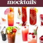 Four colorful, festive winter mocktails in tall glasses, each garnished with fresh fruit and herbs.