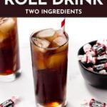 Iced drink with a striped straw on a table, surrounded by Tootsie Roll candies. Text reads: "Tootsie Roll Drink, Two Ingredients, Get the Recipe.