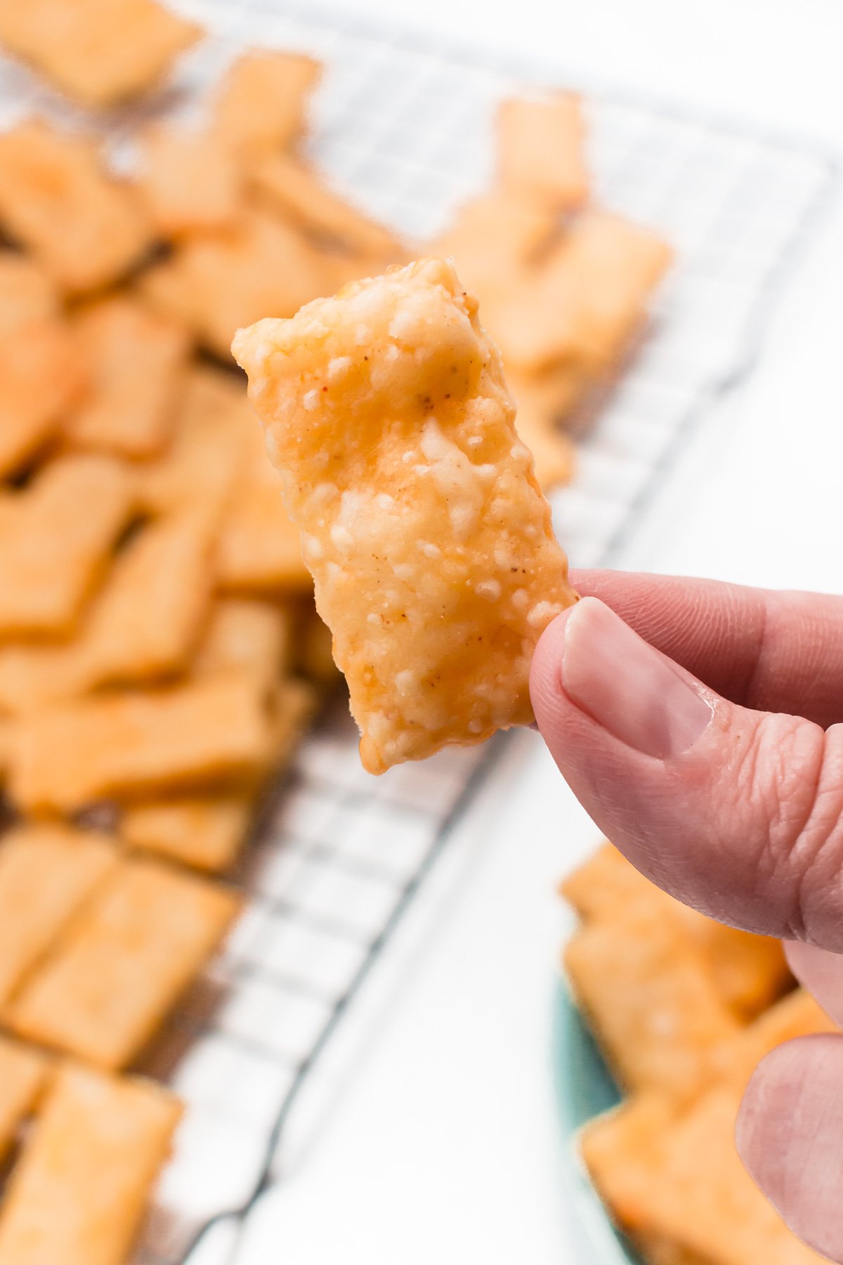 A hand holds a rectangular cheese cracker with more crackers blurred in the background.