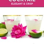 Two glasses of elderflower cocktail with lime halves and pink flower petals, set against a white background with text promoting the recipe.